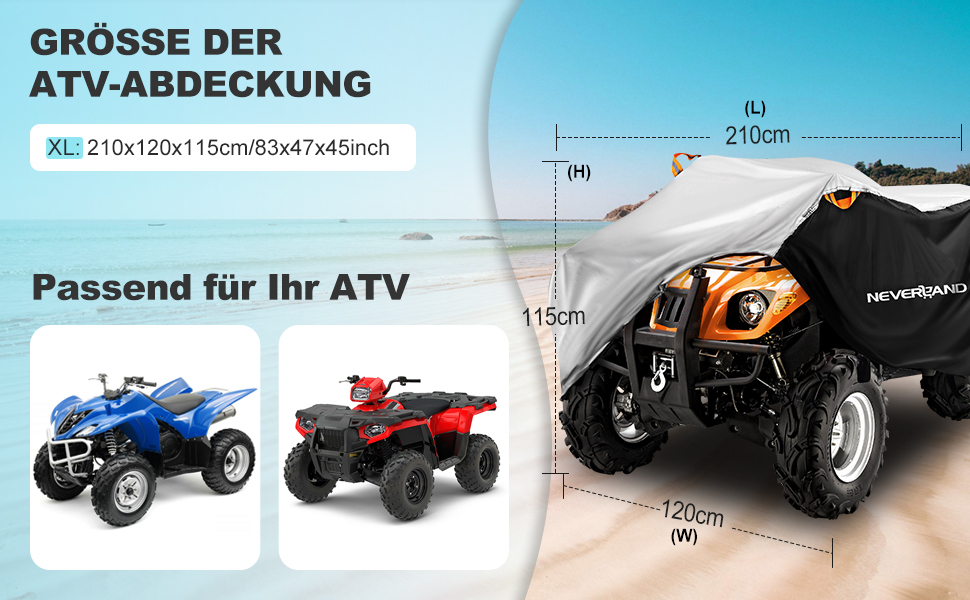 Водонепроникний чохол для квадроцикла NEVERLAND ATV з 300D Oxford тканини, захисний покривал з відбивачами та гумовими стяжками від пилу, дощу та UV, 210x120x115 см (Чорно-сріблястий, A225-08-XL)