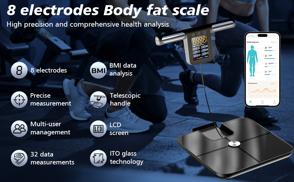 Вага для вимірювання жиру в тілі з датчиками, аналізатор складу тіла з великою ручкою-дисплеєм, вага з 8 високоточними сенсорами та APP, персональна вага з аналізом жиру для 32 показників (Чорний)