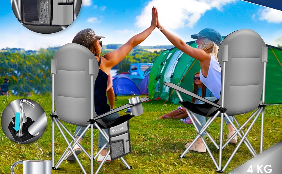 Крісло для кемпінгу KESSER® з підлокітниками, високою спинкою, місткістю до 150 кг, сіре/чорне, з підсвіткою та тримачем для напоїв