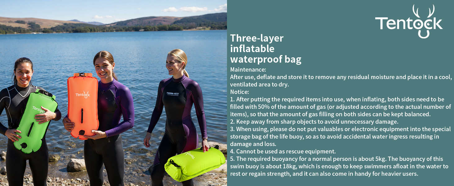 Tentock Плавуча сумка 28L, водонепроникна, надувна, для плавання та водного спорту. Безпечний плавучий засіб для триатлонів, каякінгу та снорклінгу. Колір: яскраво-зелений.