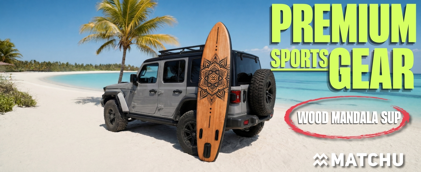 SUP дошка Matchu Komplettset – Дошка для Stand Up Paddling (SAP) – Чорна, 320x81x15 см, до 150 кг, антиковзке покриття, дерев'яний дек/мандала