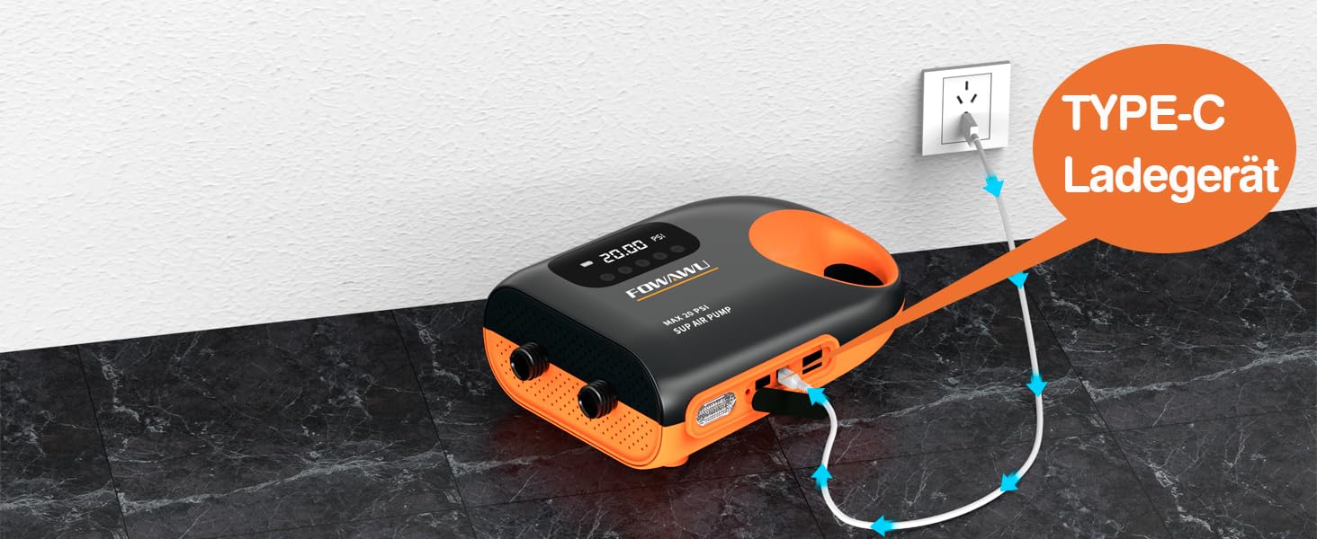 Насос FOWAWU 20PSI 12V DC для SUP, човнів та каяків: активне охолодження, автоматичне надування/здування
