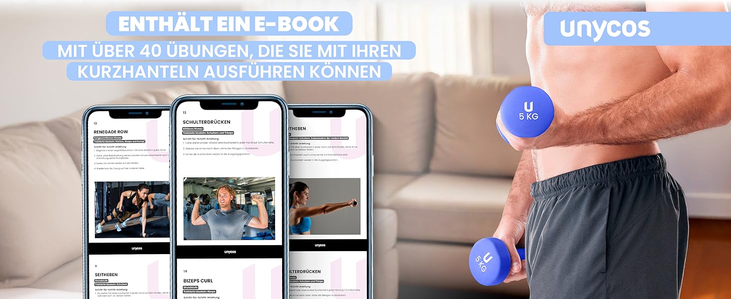 Гантелі неопренові UNYCOS 2 шт. (1-10 кг) - короткі, антиковзаючі для жінок та чоловіків, проти ковзання | для фітнесу, силових тренувань, пілатесу, гімнастики, домашнього спортзалу