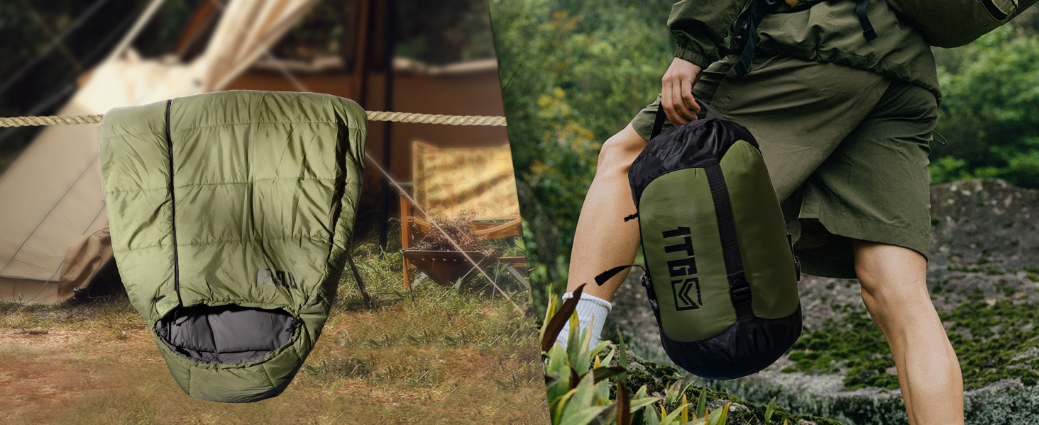 Тактичний спальний мішок 4 сезони 1TG Ranger Green, для дорослих, компактний та теплий, для кемпінгу, трекінгу, подорожей (до 185 см)