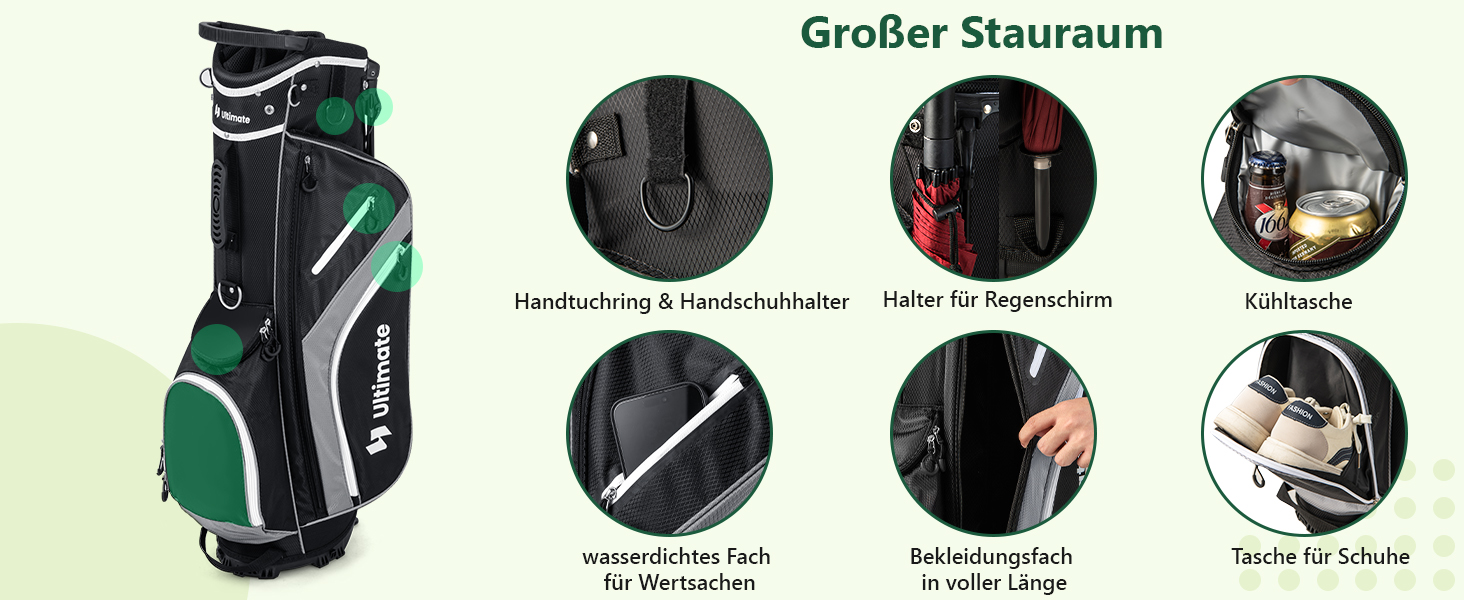GYMAX Гольф-сумка-стійка, переносима, з 14 відділеннями та 6 кишенями, з капюшоном від дощу та ручкою для перенесення, для чоловіків та жінок, сірого кольору