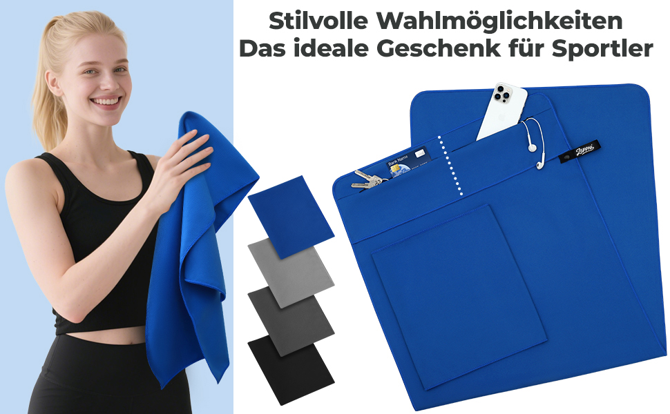 Рушник для фітнесу Zepphi: великий (120x50 см) + маленький (80x30 см) | Мікрофібра, кишеня на блискавці | Швидковисихаючий, для спортзалу та тренувань, блакитний