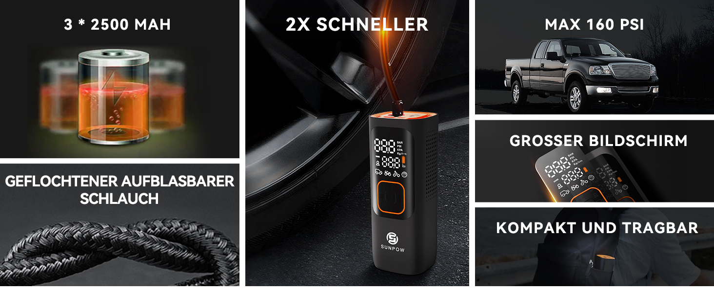 Електричний портативний компресор SUNPOW 7500mAh, 160 PSI для авто, велосипедів, з LCD дисплеєм, LED підсвіткою, Powerbank, 12V DC, автоматичне вимкнення