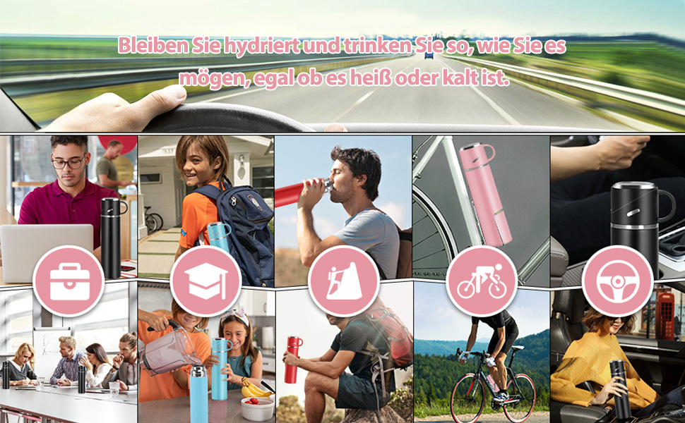 Термос IAGORYUE з нержавіючої сталі, 0,55 л, з герметичним кришкою та ручкою, подвійні стінки, зберігає тепло/холод до 12 годин, для спорту, офісу, відпочинку на природі (Рожевий)