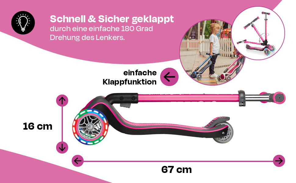 Самокат GLOBBER Elite Roller для дітей від 3 років, 3-колісний, з LED-підсвічуванням рожевого кольору, регульована висота, підшипники ABEC 5