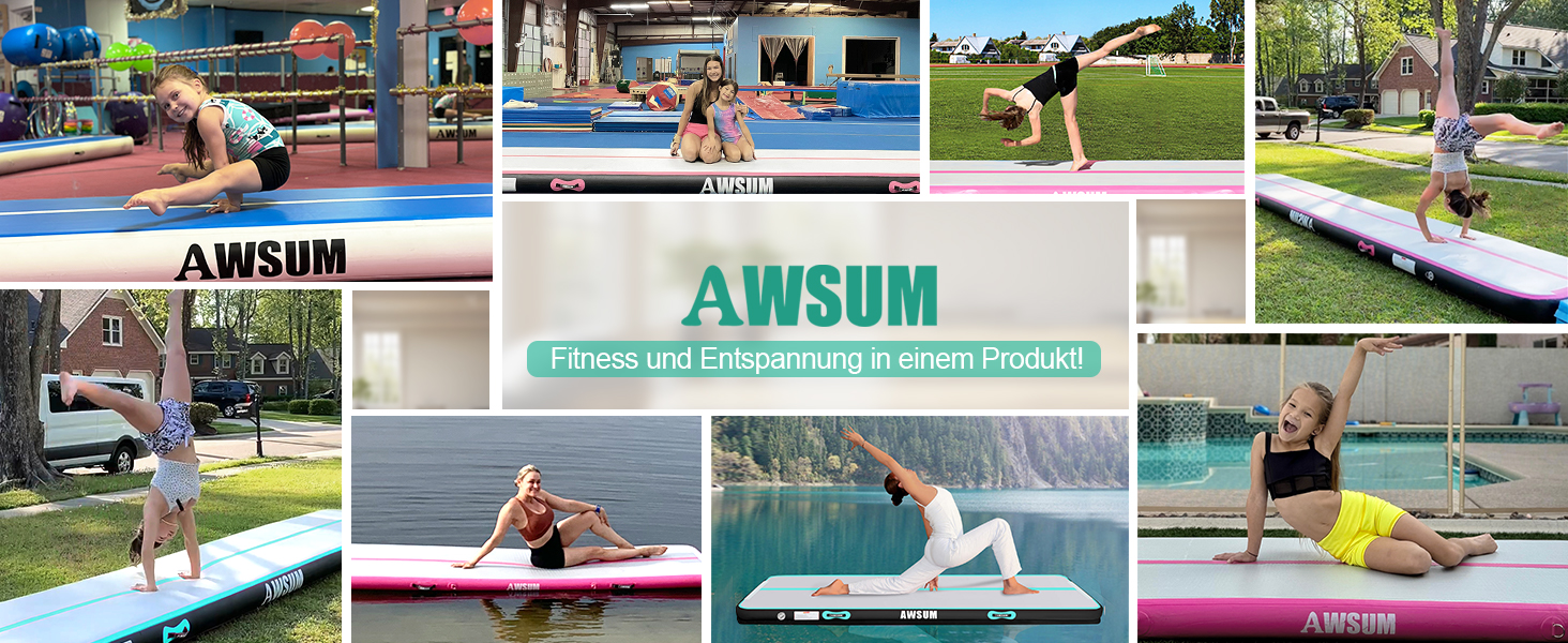 AWSUM Килимок для гімнастики надувний, 2/3/4/5/6м, для йоги, фітнесу, розтяжки, 10/20см товщина, 500x100x20см, м'ятно-зелений + чорний