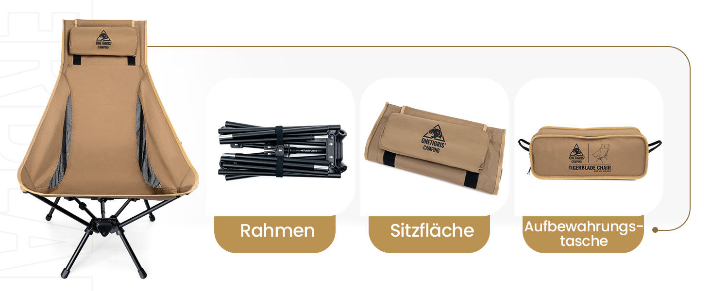 Стілець для кемпінгу OneTigris TIGERBLADE з високою спинкою, 170 кг, складний, легкий, з трикутним каркасом, для риболовлі з 2 кишенями, для відпочинку на природі, піших прогулянок, колір Койот