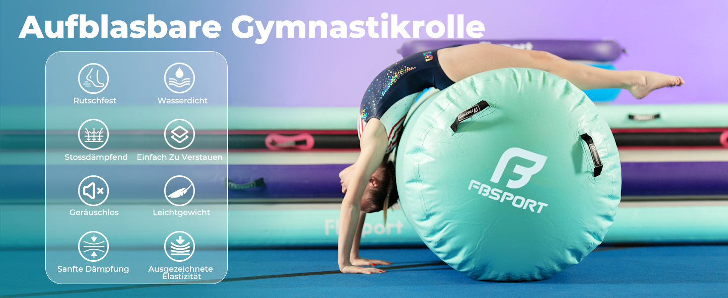 Надувний рол для гімнастики FBSPORT 100/120 см: килимок для йоги, акробатики, фітнесу, з сумкою для транспортування (зелено-чорний, 100x60 см)