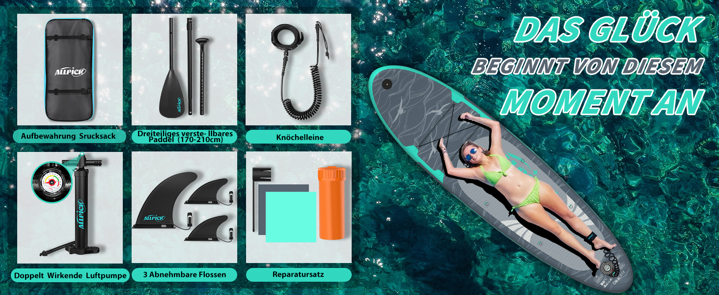 Надувний SUP-борд ALLPICK Premium Set: Комплект для станд-ап паділінгу з аксесуарами, кріпленням для камери та регульованим веслом (200 кг, Сіво-бірюзовий)