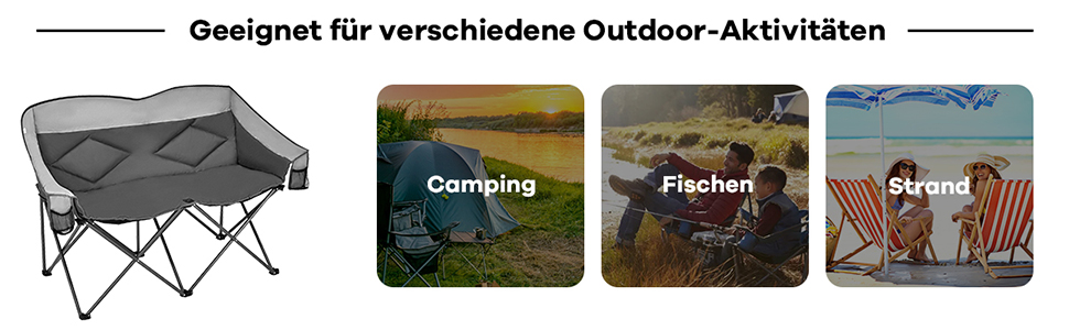 Кемпінговий стілець COSTWAY на 2 особи, розкладний з підлокітниками та підстаканником, вантажопідйомність 226 кг, для риболовлі та відпочинку