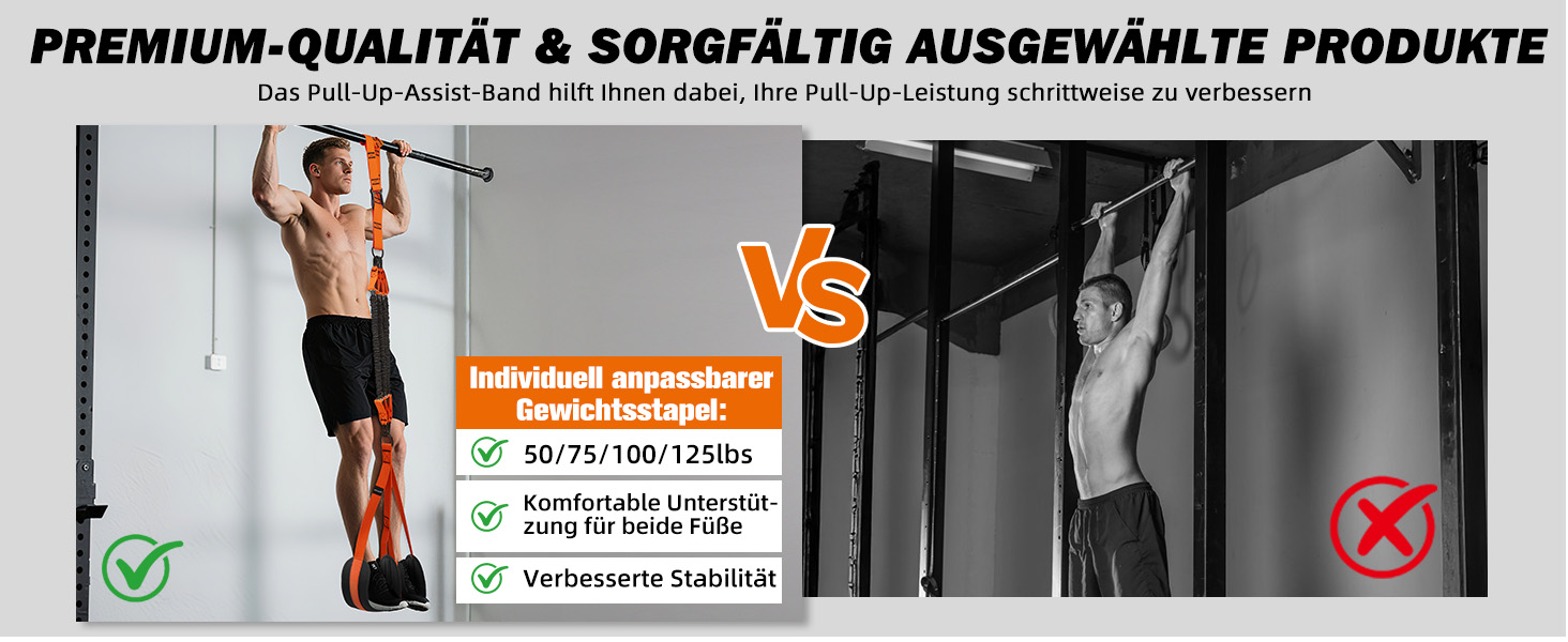 Смуги опору для підтягувань Klimmzughilfe, 50-350lbs, регульований опір та висота, з підставкою для ніг, помаранчеві