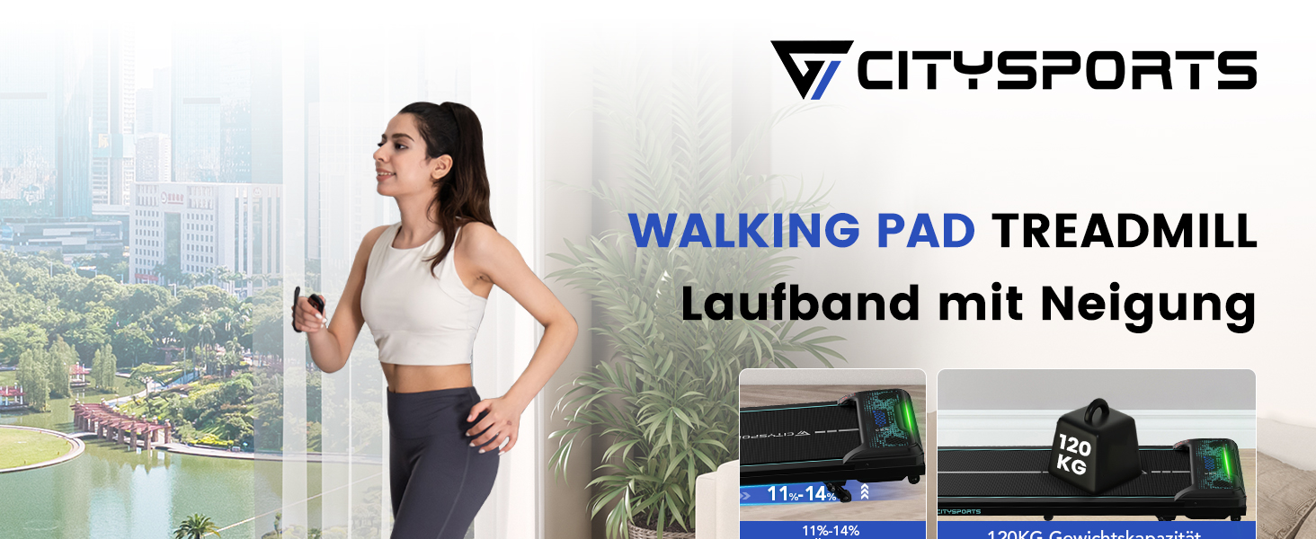 CITYSPORTS Біговий тренажер з регулюванням нахилу, WalkingPad з LED-дисплеєм та світловим ефектом, швидкість 1-6 км/год, для дому та офісу, з пультом керування, колір Green