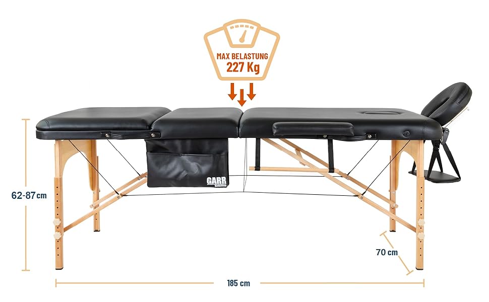 Розкладний дерев'яний масажний стіл GARR Solution портативний і легкий - 185x70 H62/87 см (3 зони, чорний)