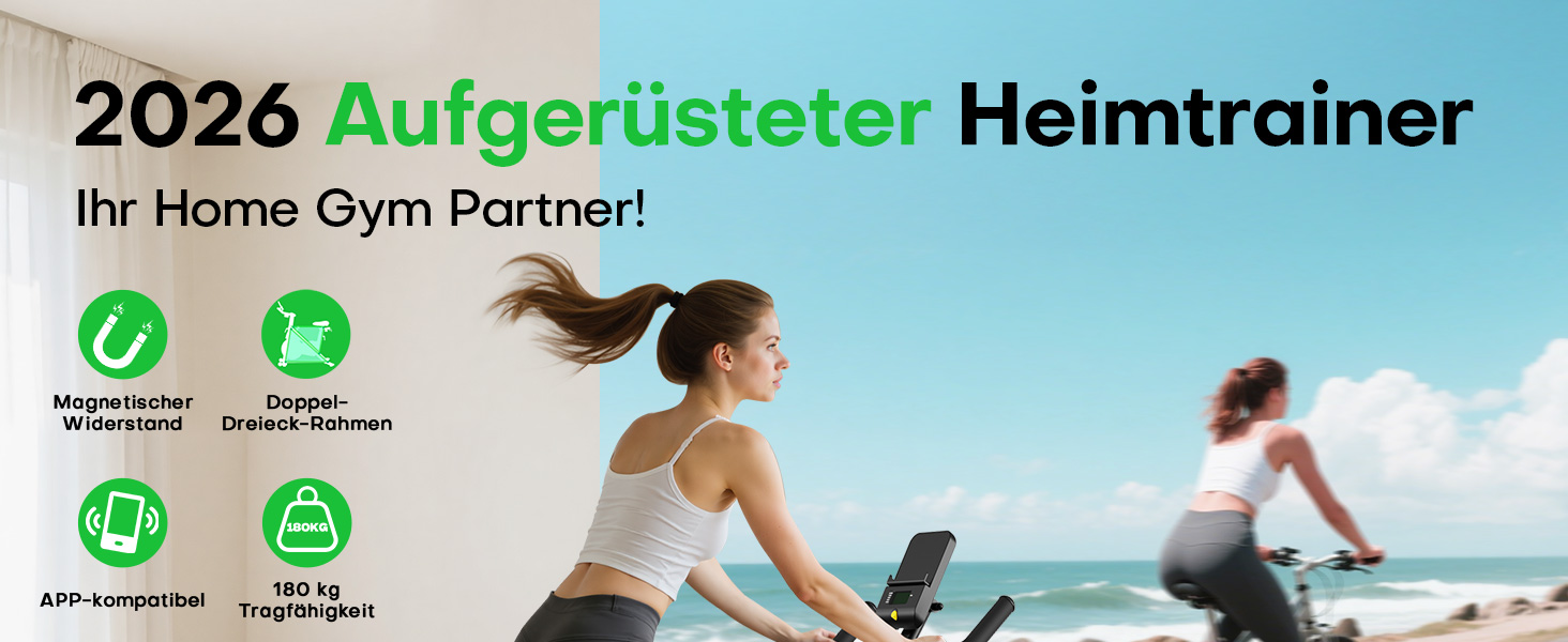 Магнітний велотренажер Heimtrainer з додатком, регульованим опором, LCD-дисплеєм та тримачем для планшета, до 180 кг, чорно-зелений