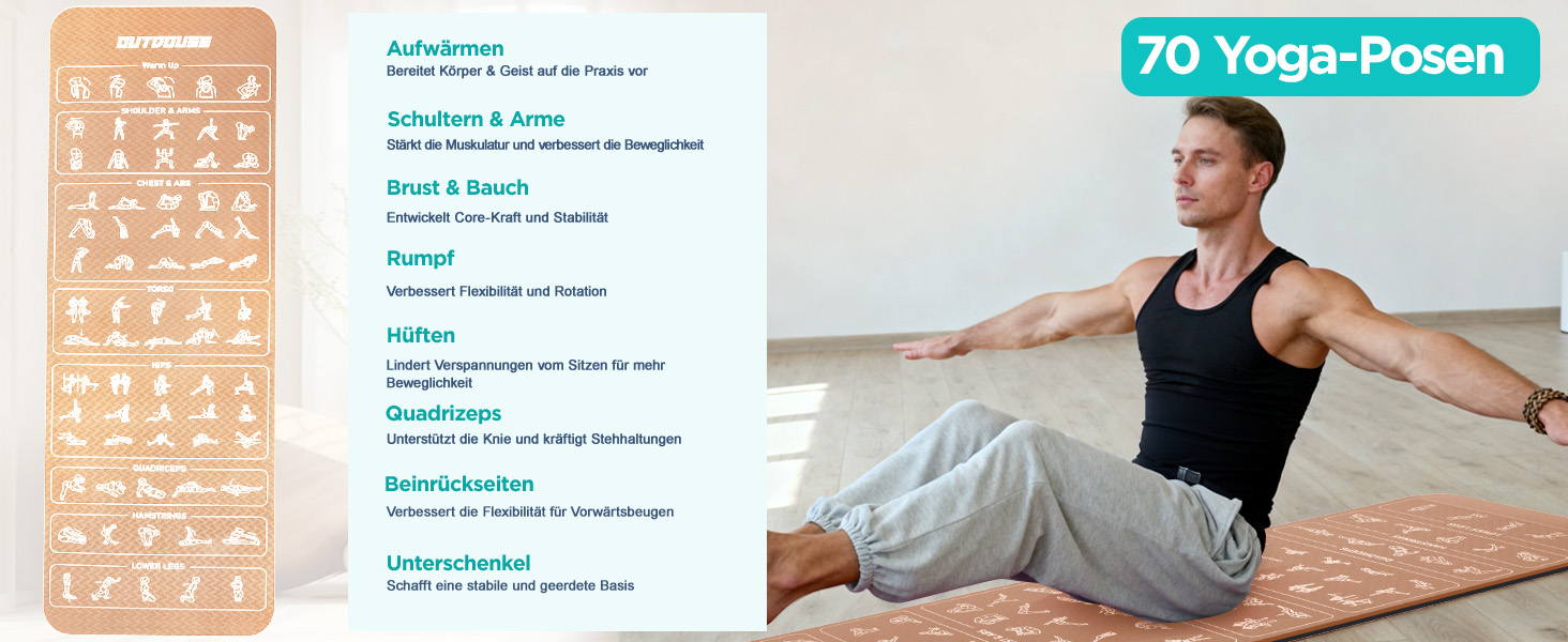 Спортивна килимок для йоги з принтами поз, неслизький TPE, 181x63x0.6 см (Хакі та Чорний)