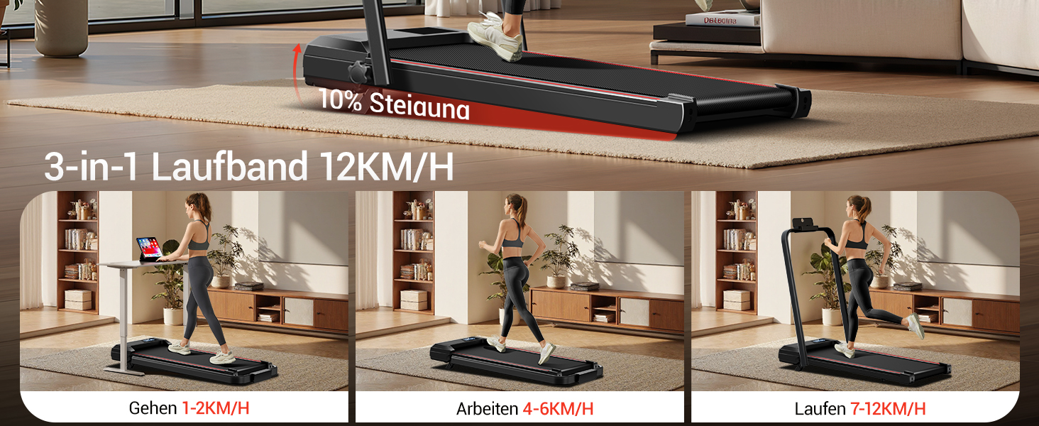 Lontek Walking Pad: Біговий килимок з нахилом 15% для дому з 2.5PS мотором та трійною амортизацією. Макс. навантаження 136 кг, чорний