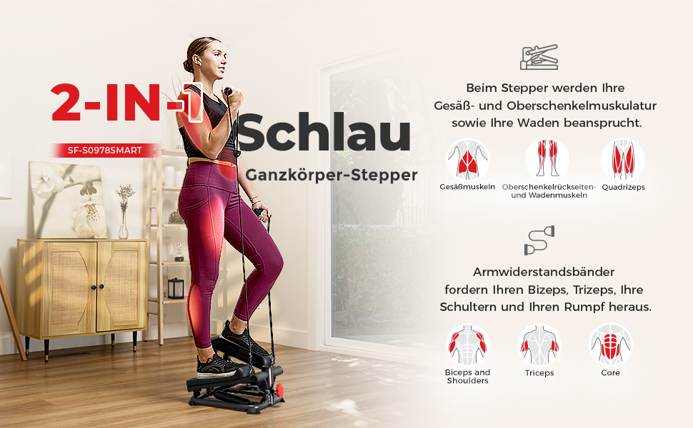 Степер Sunny Health & Fitness для дому: компактний міністепер для кардіо-тренувань з функцією Twist, еспандерами та додатком SunnyFit