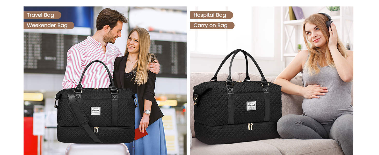 Спортивна сумка LOVEVOOK для жінок з відділенням для взуття та мокрих речей, велика дорожня сумка-вояджер, комплект з косметичкою, водонепроникна, ручна поклажа для літака, спортзал, чорна (M-2pcs)