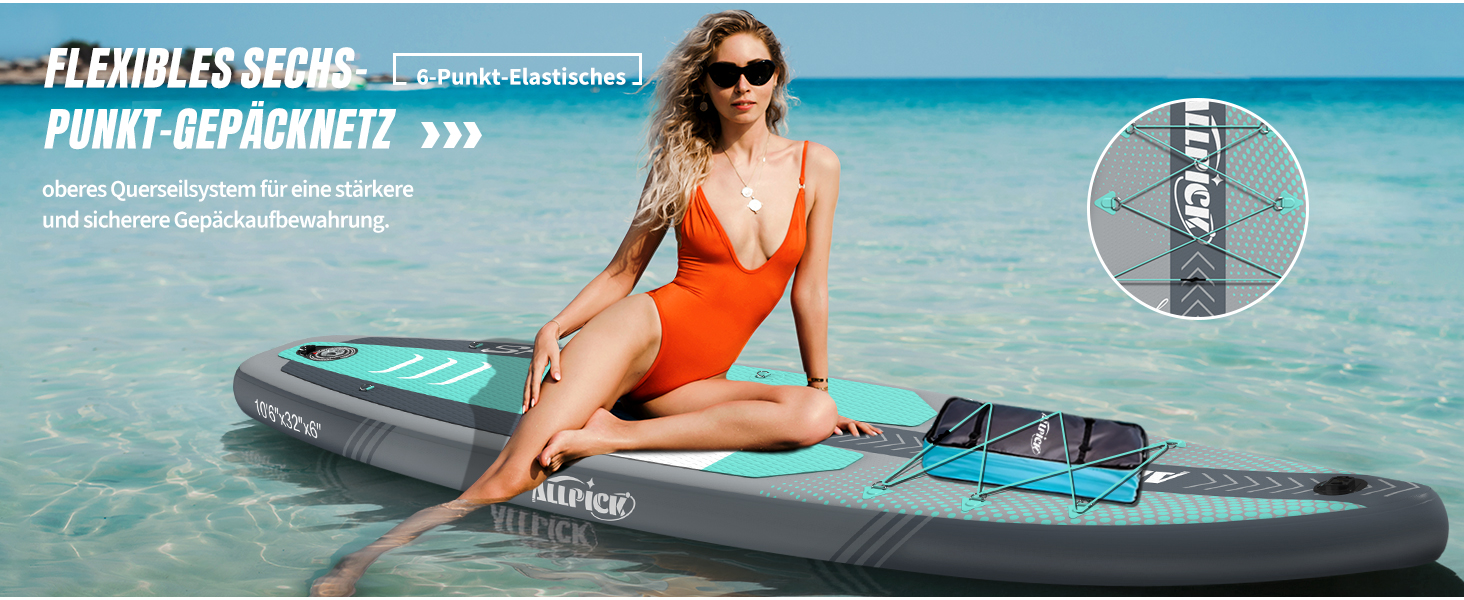 ALLPICK SUP Board Premium набір: Дошка для Stand Up Paddling надувна, з кріпленням для камери, повний комплект аксесуарів, регульоване весло, для початківців та просунутих, вантажопідйомність 200 кг, сіро-зелений