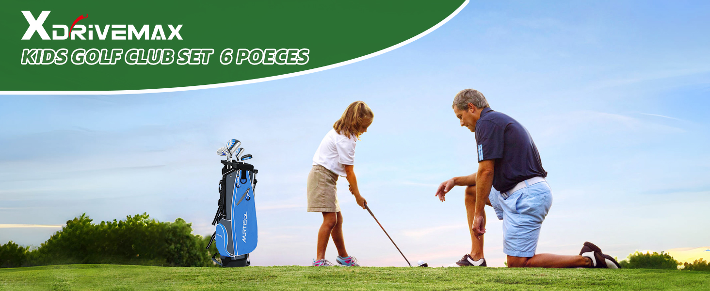 Повний набір гольф-клубу з 6 шт., включає сумку-стійку, драйвер #1, гібрид #5, залізи #6/7, #9/P та паттер, для правшів (блакитний)