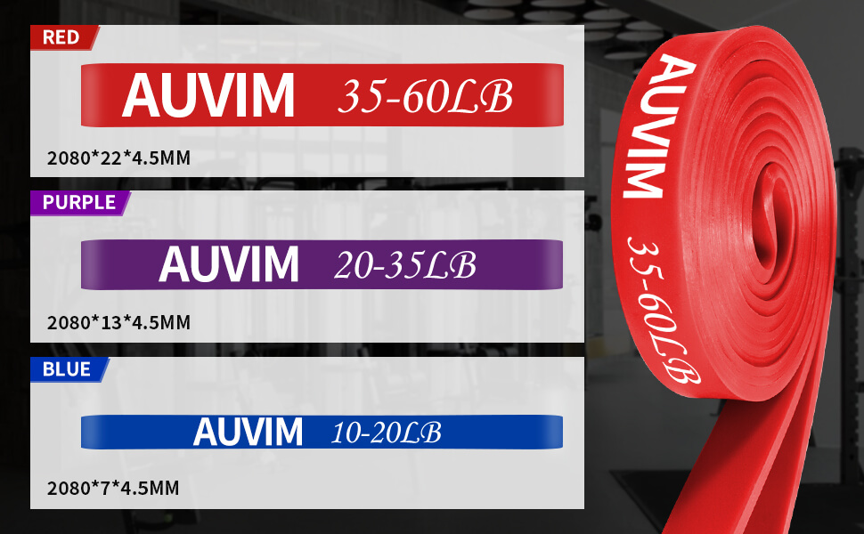 Набір еластичних стрічок для фітнесу AUVIM: 3 рівні опору для силових тренувань, розтяжки, калістеніки, кросфіту, пілатесу, йоги. У комплекті: дверний анкер та сумка для зберігання (блакитний, фіолетовий, червоний)