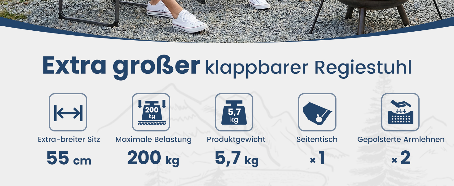 Компактний складаний стілець для кемпінгу KingCamp з підстаканником, підлокітниками та підвищеною міцністю до 200 кг, чорний