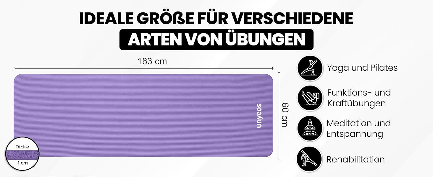 Килимок для йоги Unycos з антиковзаючою поверхнею, високої щільності 6/10/15 мм, для фітнесу, пілатесу та тренувань. Зручний ремінь для перенесення та електронною книгою. Колір: фіолетовий (#03), розмір: 183*60*1 см