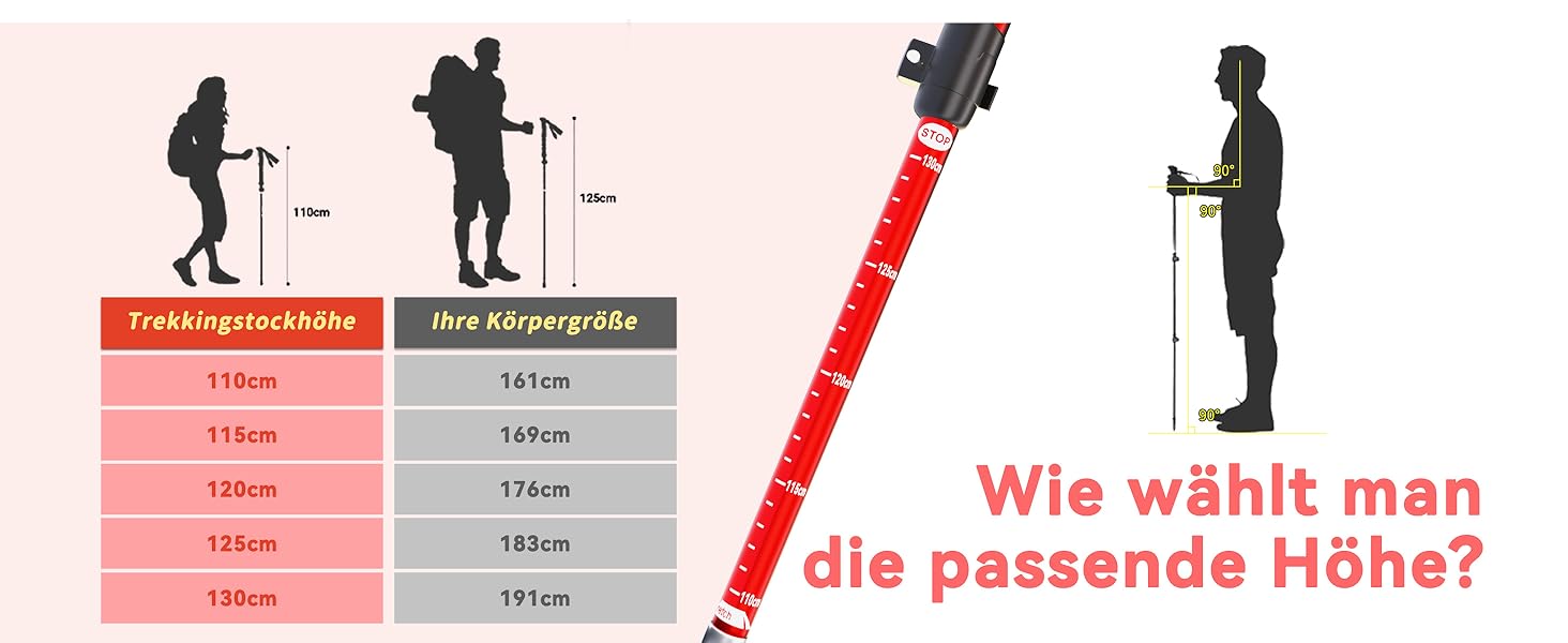 Телескопічні палиці для скандинавської ходьби та трекінгу DOBESTS, алюмінієві розкладні палиці для нордік вокінгу (110-130 см), червоні, преміум-якість