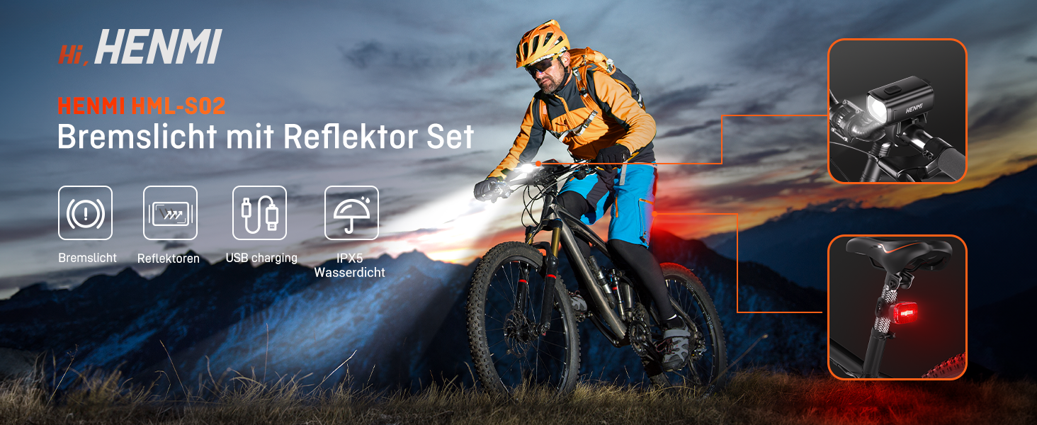 HENMI LED велосипедні фари комплект, USB зарядка, передня і задня фара для велосипеда, StVZO, водонепроникні IPX5