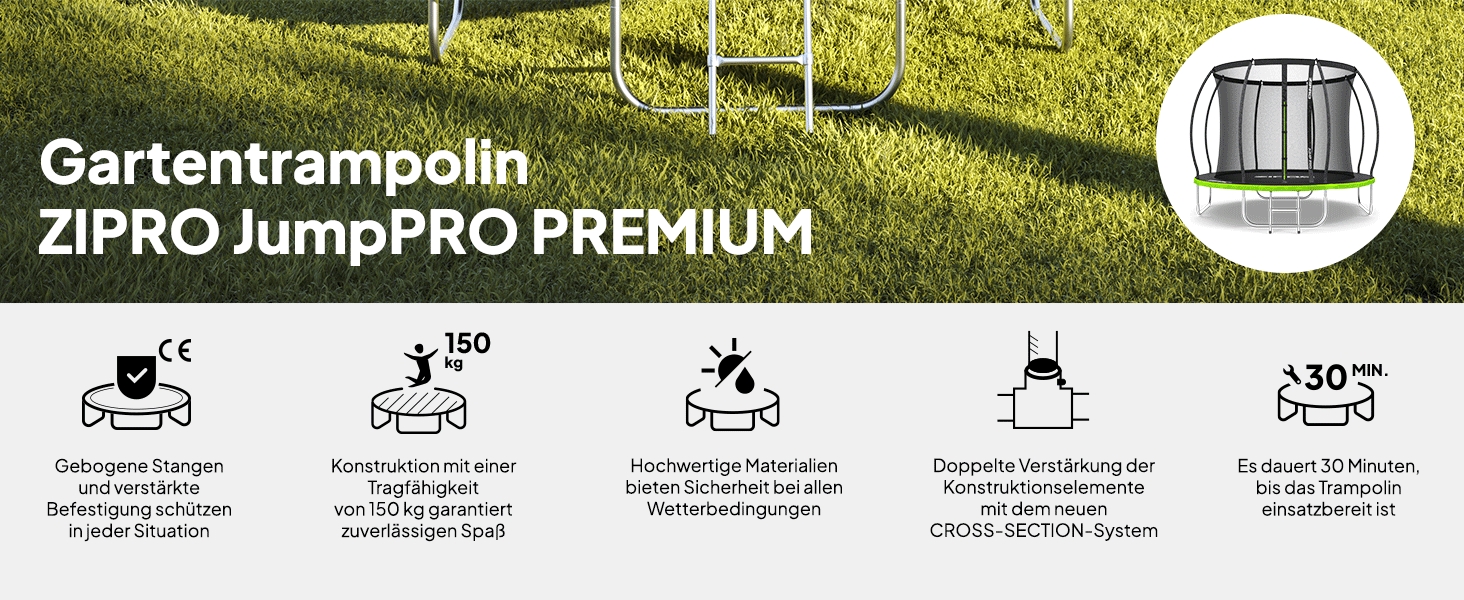 ZIPRO JumpPro Premium Трамплін для дітей Outdoor, Садовий трамплін з сіткою, Водостійкий, UV-захист, Легка збірка, Максимальне навантаження до 150 кг, Ø 252/312/374/435/496 см (10' - 252 см)