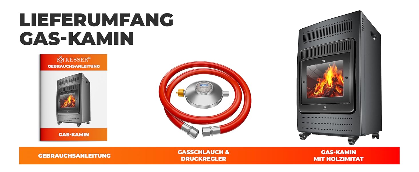 Газовий обігрівач KESSER®: газовий камін-піч, інфрачервоний нагрівач 3,4 кВт, 2 режими, з газовим редуктором та шлангом, для бутану/пропану до 11 кг, антрацит