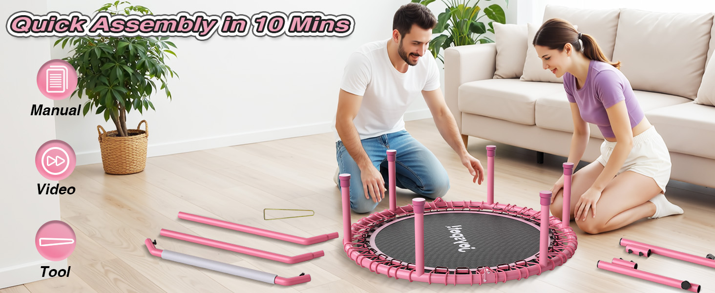 Міні-батут для фітнесу JOY SPOT! Ø102 см, складний, з пружинами та регульованою ручкою, вантажопідйомність 204 кг, для дому та вулиці, з скакалкою