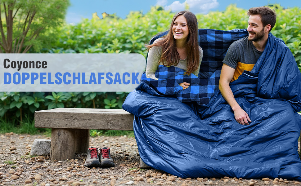 Спальний мішок для двох осіб з флянелі, 220 x 160 см, з двома блискавками, 2 подушки та сумка для перенесення, для дорослих, блакитний