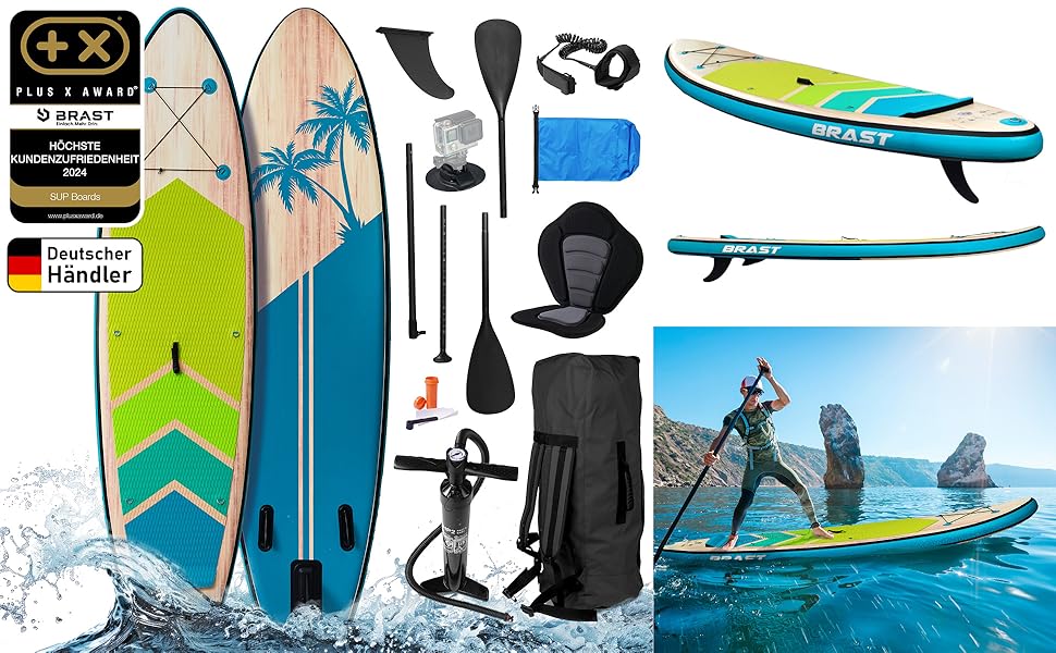 Надувний SUP-борд BRST Tropic | Комплект для станд-ап паддлбордингу | 320x81x15 см | 6 дизайнів | 5 років гарантії | з аксесуарами | 2в1: SUP та каяк, тримач для Action Cam, ланцюжок для ніг, насос, рюкзак (Турквіз)