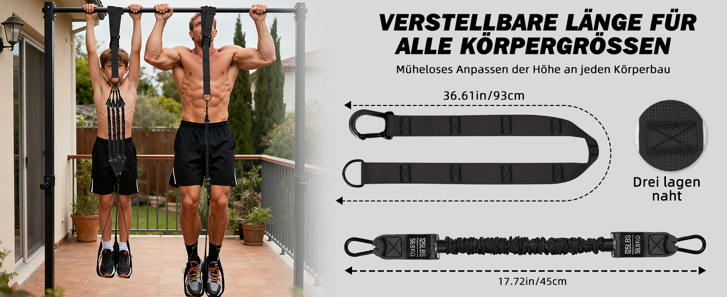 Смуги опору для підтягувань Klimmzughilfe, 50-350lbs, регульований опір та висота, з підставкою для ніг, чорні