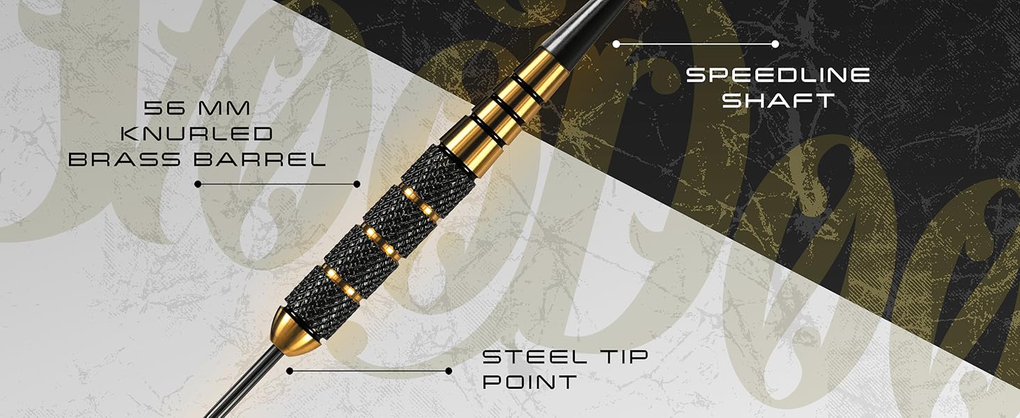 Дарти Harrows Voodoo 25 г з латунною сталевою голкою, з шафтами Speedline, польотами Marathon Gold та кейсом для подорожей