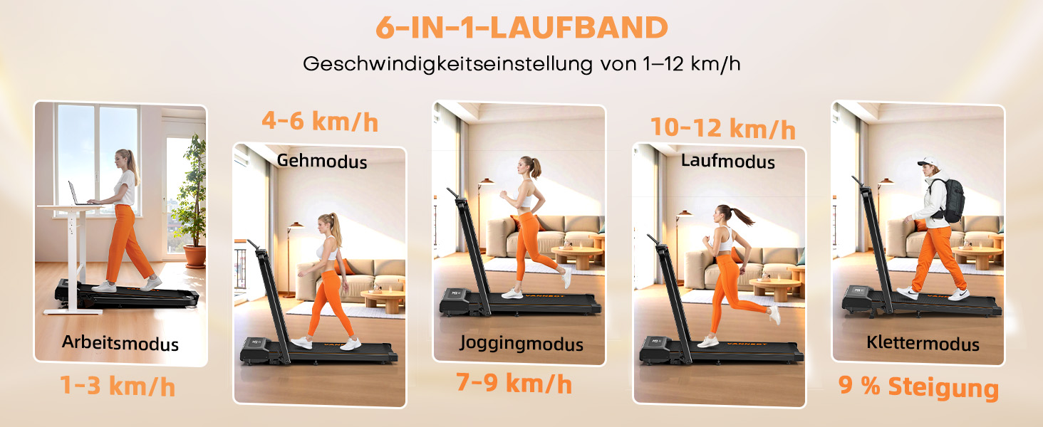 VANNECT Walking Pad - складане бігове полотно для дому, 1-12 км/год, кут нахилу 9%, LCD-дисплей, дистанційне керування, 150 кг, помаранчеве