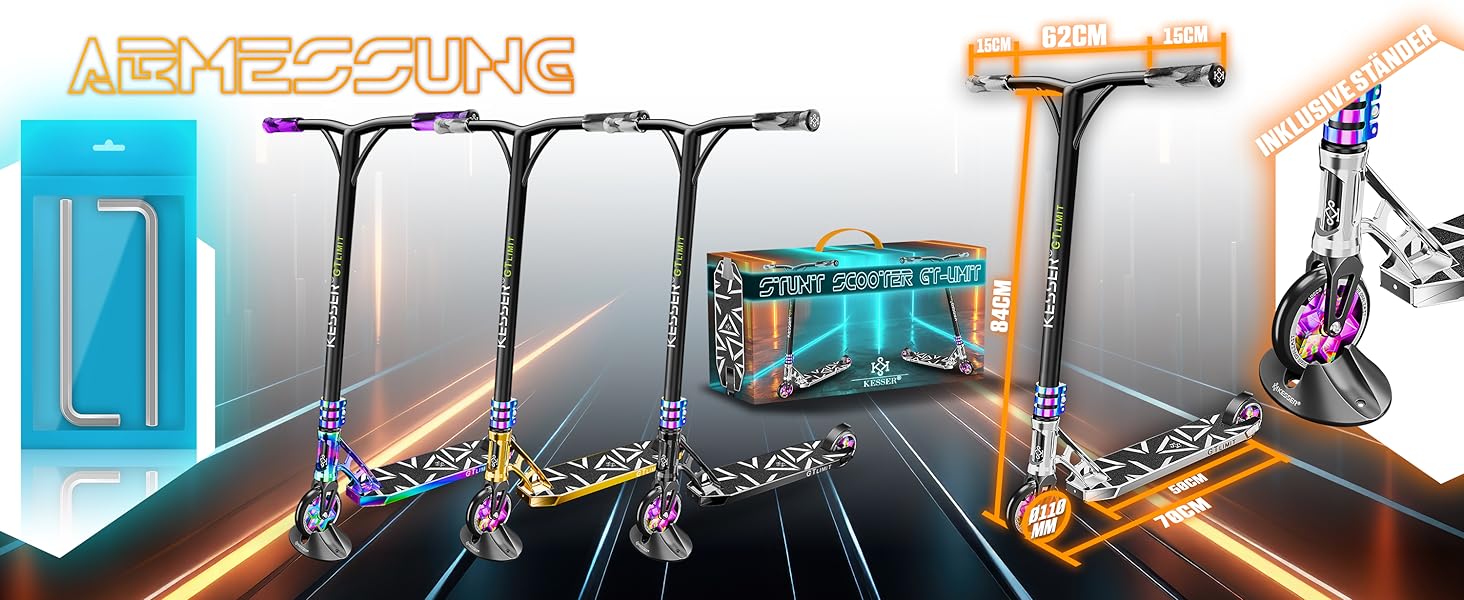 Трюковий самокат KESSER® GT-Limit 360° з підставкою, колеса PU 110 мм, підшипники ABEC 9 - для дітей та дорослих, золотий