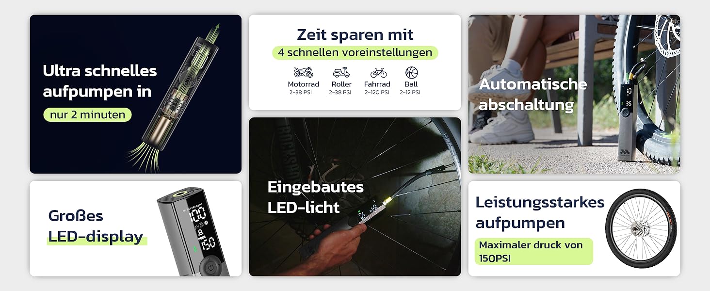 Електрична велосипедна помпа Woowind Ventus Ride: 150 PSI, 10.3 Bar, універсальні клапани (Presta, Schrader, Dunlop)