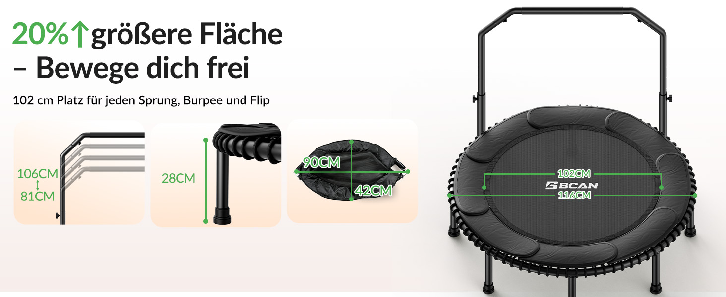 Міні-батут BCAN для дорослих, 102/122 см, до 204/250 кг, з бунжеєвими тросами, регульованою ручкою, стабільний, тихий, для дому та вулиці, тренування всього тіла, релаксація, зелений (122см, 122см-чорний з м'якою обшивкою)