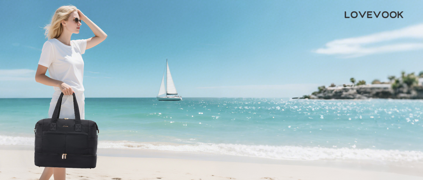 Сумка-мішок LOVEVOOK для вихідних, клінічна сумка, ручна поклажа, легка лікарняна сумка, місткий дорожній мішок з відділенням для взуття та косметичка, спортивна сумка для подорожей, 52x38x25 см (50 л), B-beige Nude