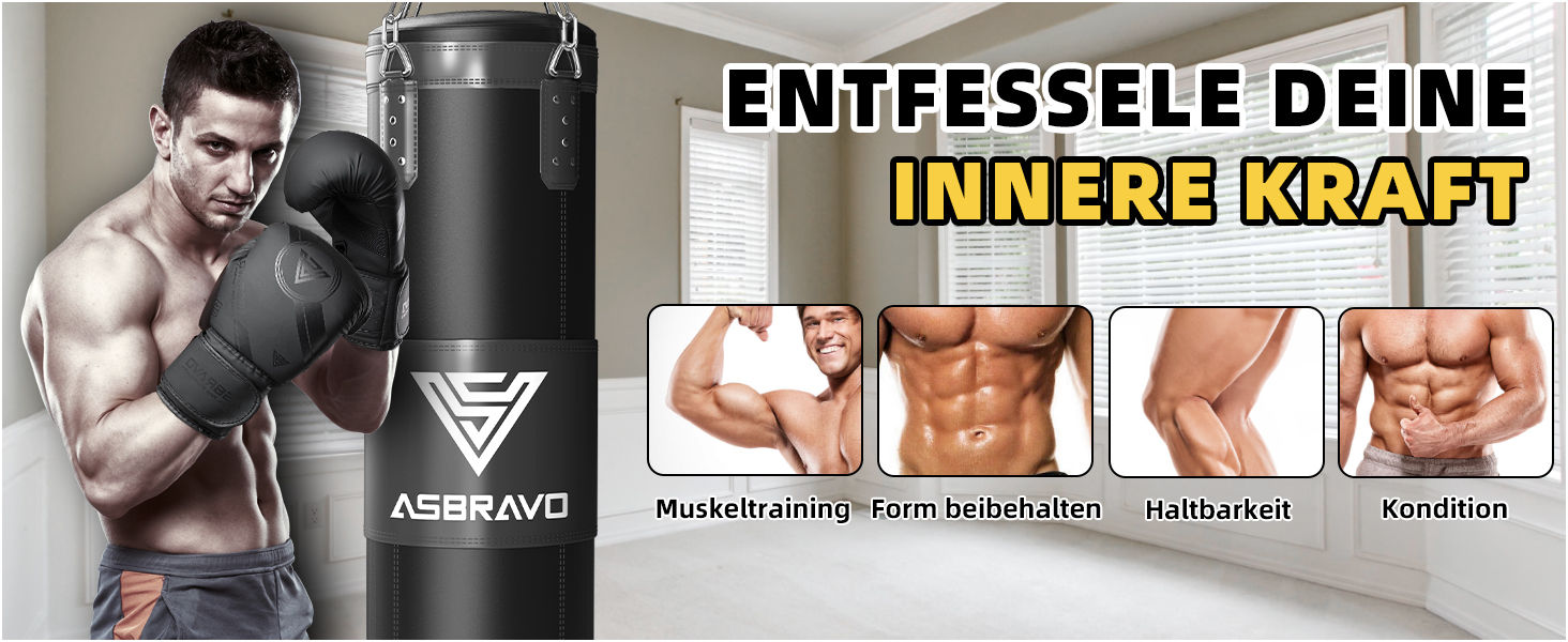 Боксерський мішок ASBRAVO для дорослих, комплект з рукавичками 12oz, для MMA, муай-тай, кікбоксингу, тренувань вдома, чорний