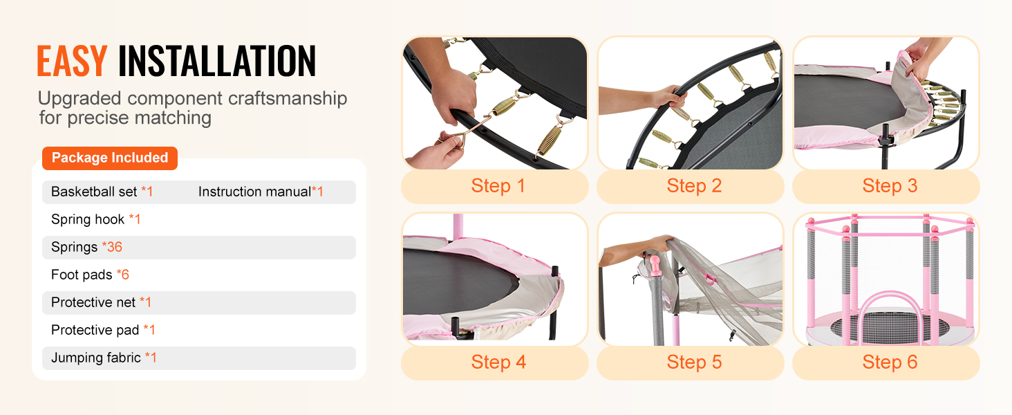 Батут дитячий VEVOR Outdoor 1545 мм з сіткою та баскетбольним кільцем, рожевий. Для дітей від 3 років.