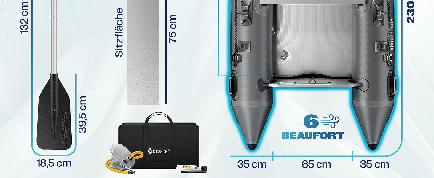 Надувний човен KESSER® Wave 230-320 см, комплект 6 в 1: човен, лавка, насос, весла, ремкомплект, сумка. Для моря, річки, мотора. Сіро-блакитний