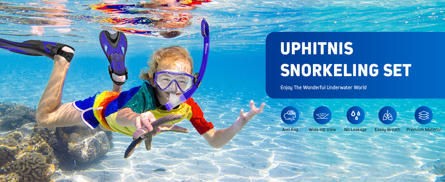 Набір для снорклінгу для дітей з ластами, маска з антизапітнінням 180° панорамний огляд, регульовані плавальні ласти та преміум сухий снорк, 3 в 1 набір для снорклінгу для дітей з сумкою, L/XL(31-36), блакитний