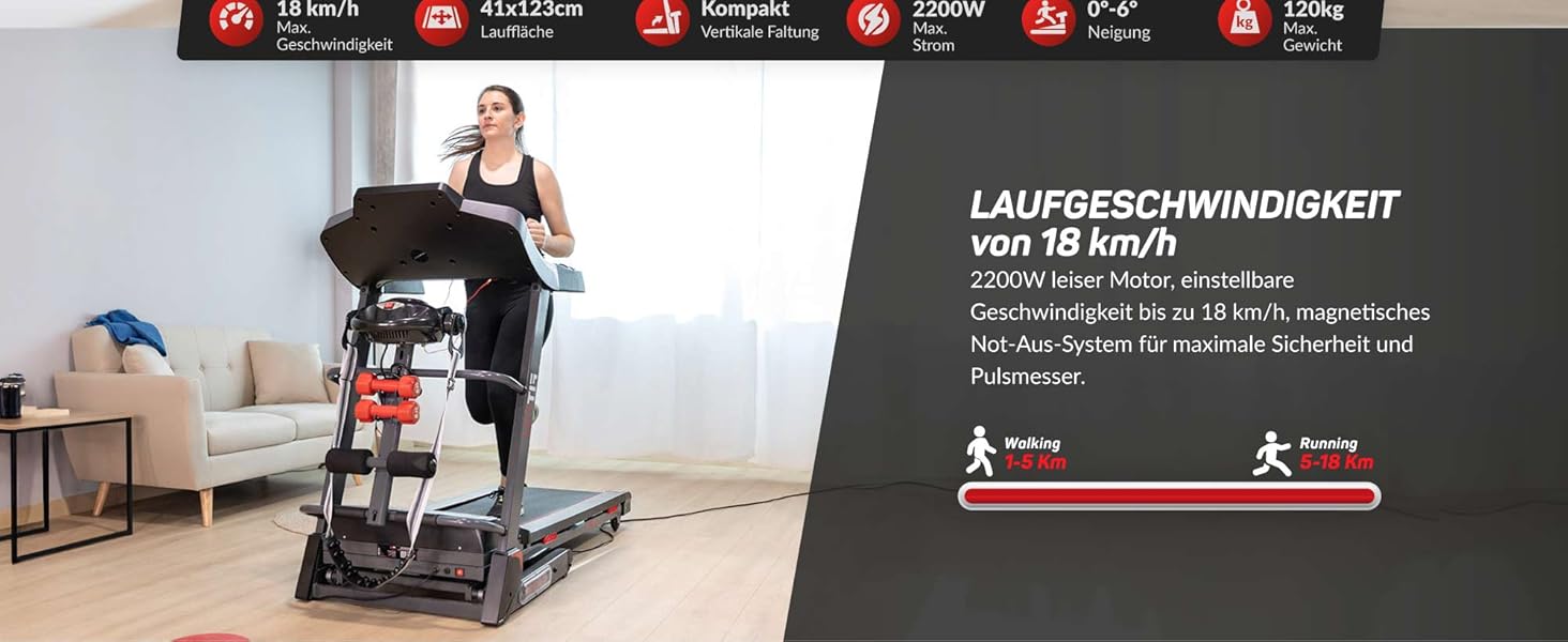 Біговий тренажер FITFIU Fitness MC-500 зі складною конструкцією, автоматичним нахилом, 18 км/год, пульсометром, Bluetooth та підключенням до додатків (Kinomap, Spax, Zwift), площа бігового полотна 41x123 см, максимальне навантаження 120 кг